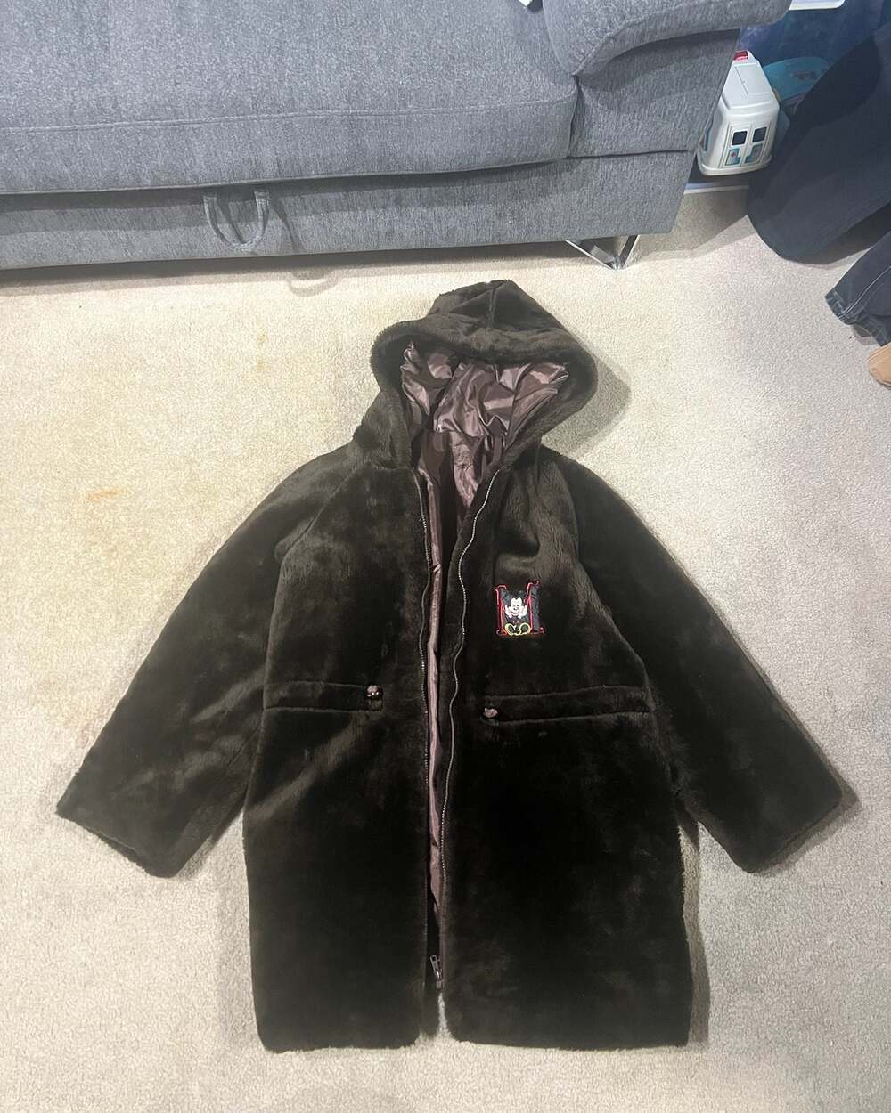 Vintage Mickey Unlimited Faux Fur Hooded Coat Mickey Mouse Disney Patch